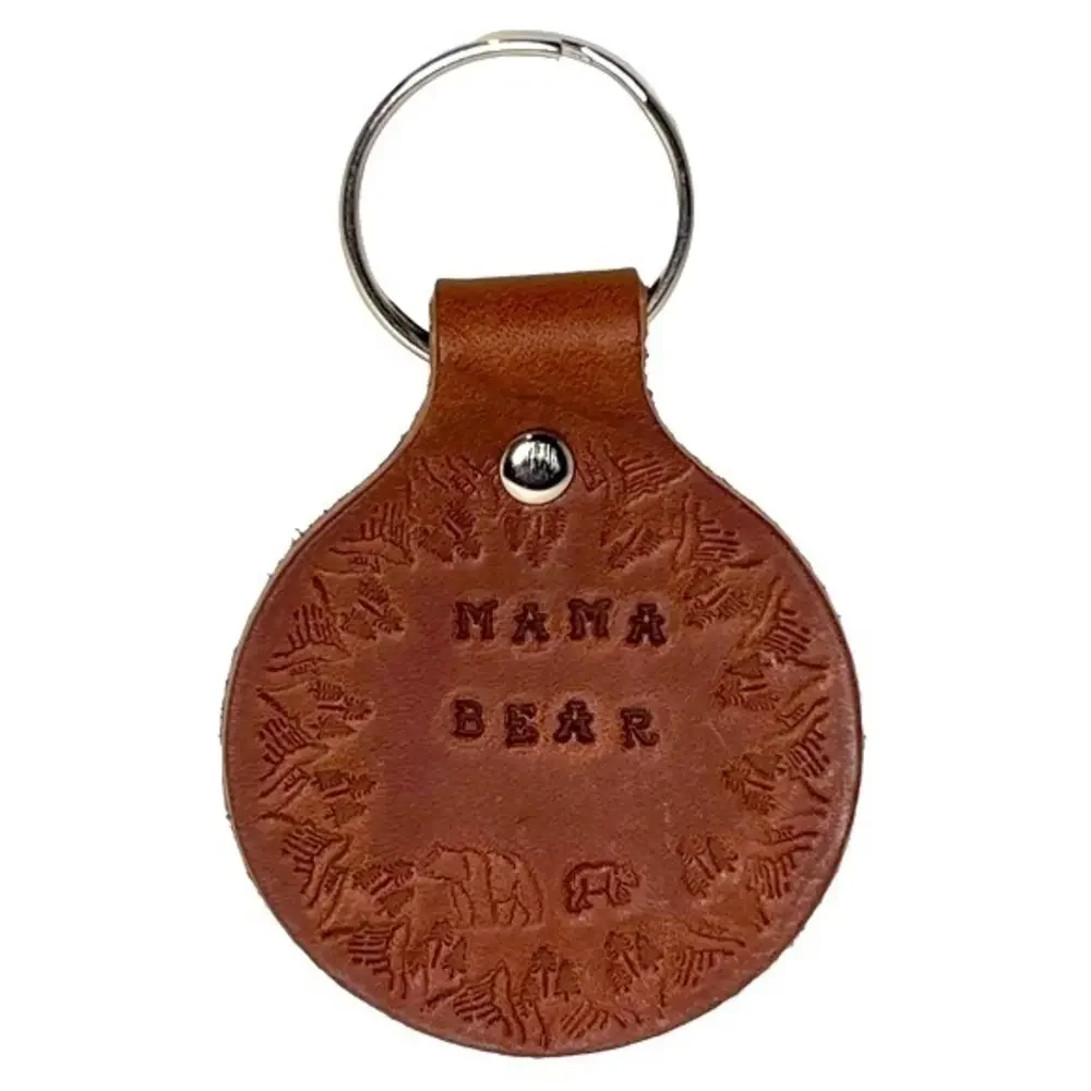 Handmade stamped Mama Bear nature brown 100% leather silver aluminum‎ keychain
